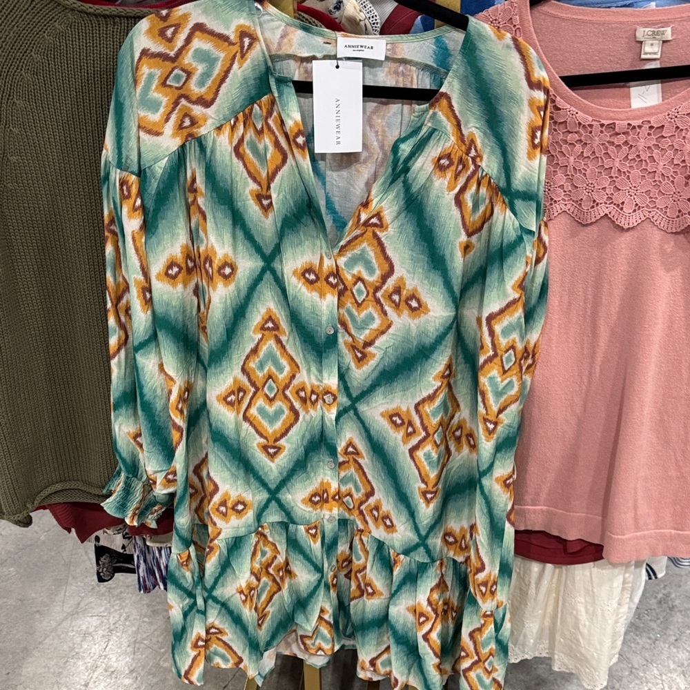 Anniewear Teal & Mustard Printed V-Neck Tunic